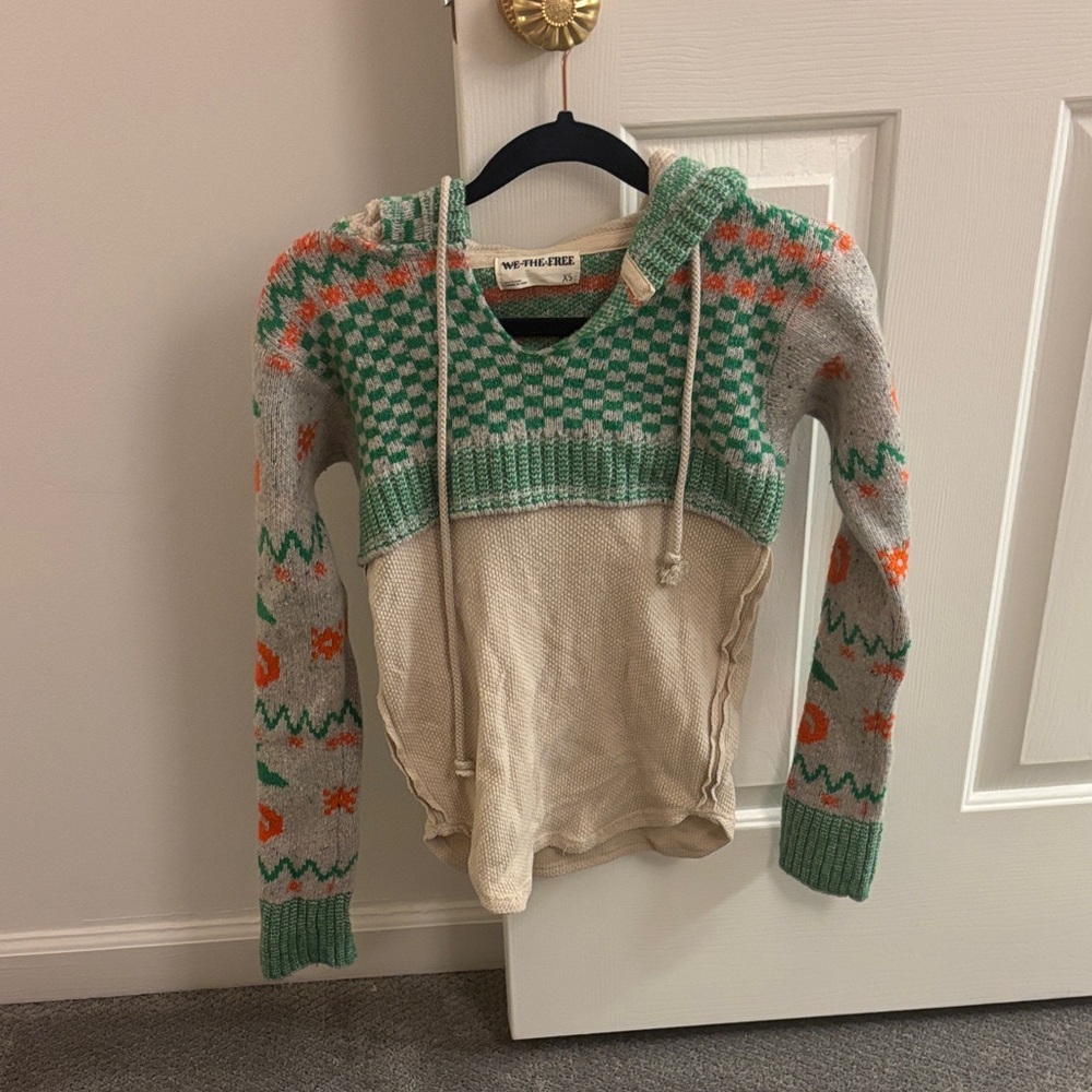 Free People V-Neck Sweater in Green and Orange